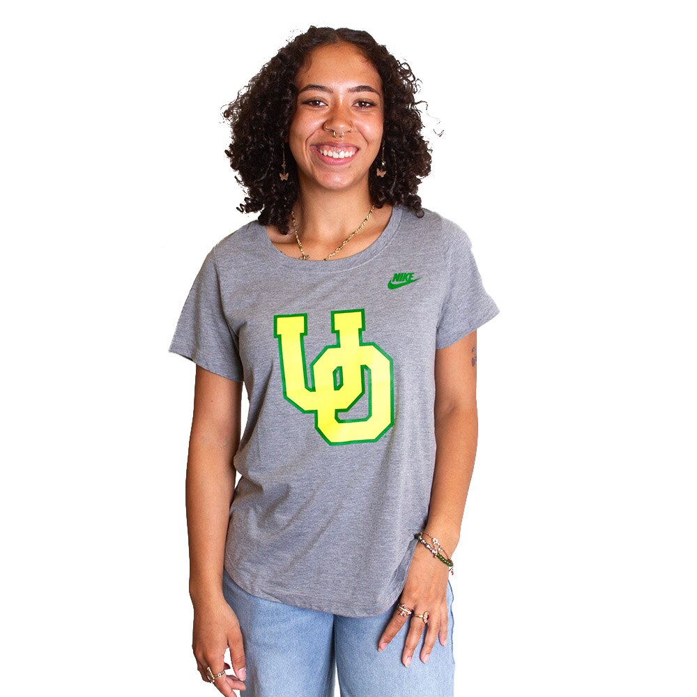 Women s Dark Gray Heather Nike Interlocking UO in Yellow Tri Blend Essential T Shirt